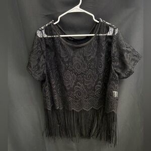 SHEIN Black Lace Fringe Blouse